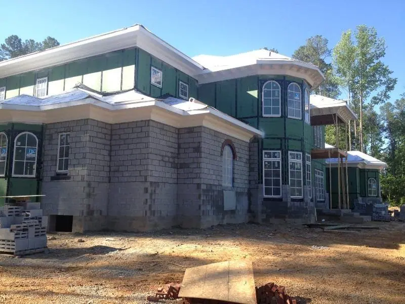Concrete block foundation walls on a large new home under construction