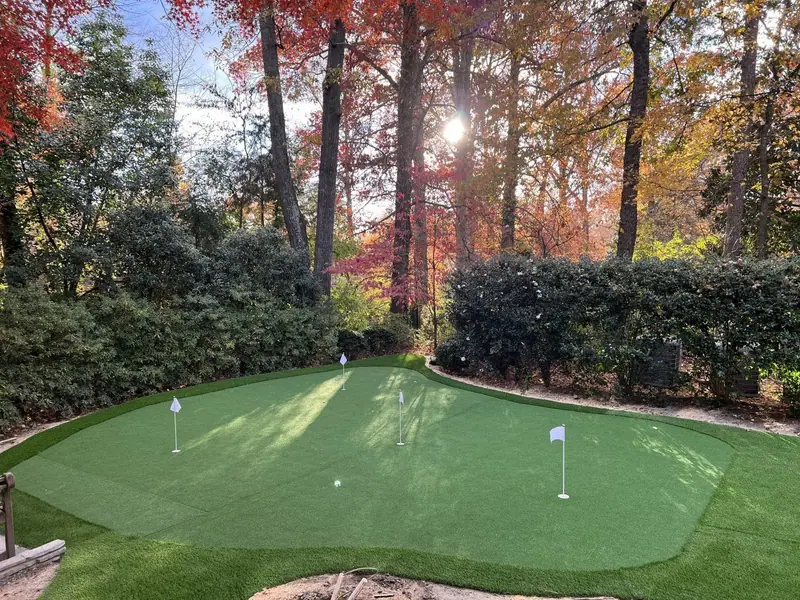 Backyard artificial turf putting green with flags under autumn trees