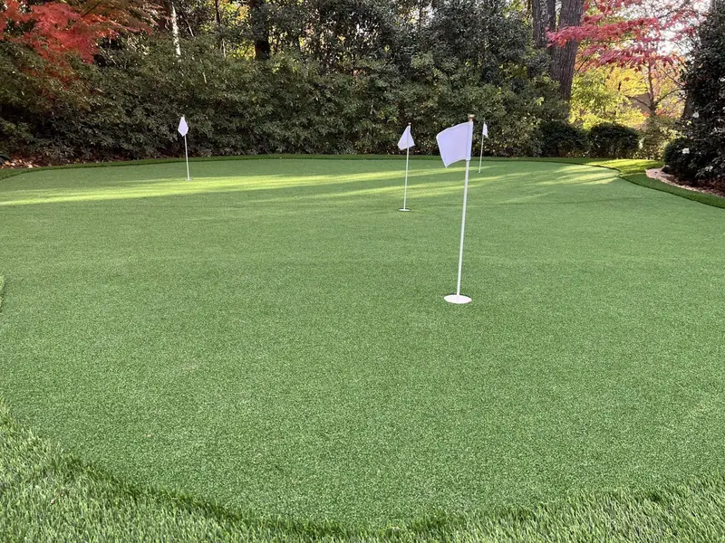 Low view across an artificial putting green with flags and clipped hedges
